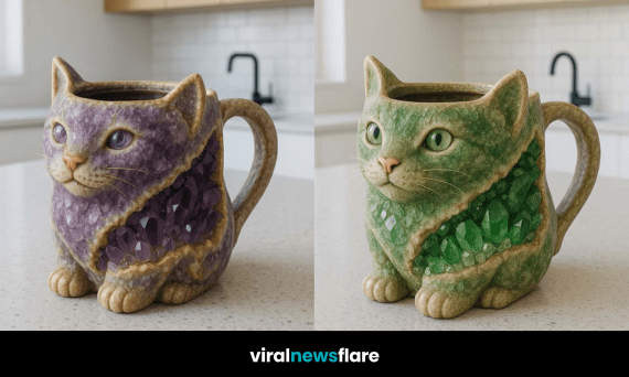 Side-by-side image of amethyst and emerald-inspired cat-shaped mugs, featuring geode textures and cute feline faces, from Viral News Flare.