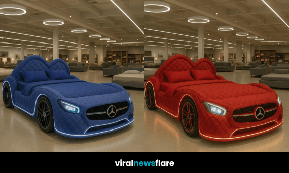 Blue and red luxury car-shaped beds with Mercedes-inspired design and LED lighting side-by-side in a designer showroom, by Viral News Flare.