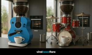 Side-by-side image of a blue guitar coffee machine and a red drum kit coffee machine, both dispensing coffee, from Viral News Flare