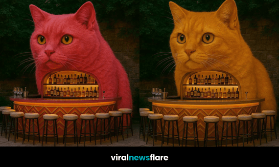 A collection of four unique cat-shaped outdoor bars in black, grey, pink, and orange, each fully equipped and surrounded by stools