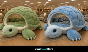 Trio of giant turtle-shaped beds in mint green, lavender purple, and sky blue displayed in a modern furniture showroom