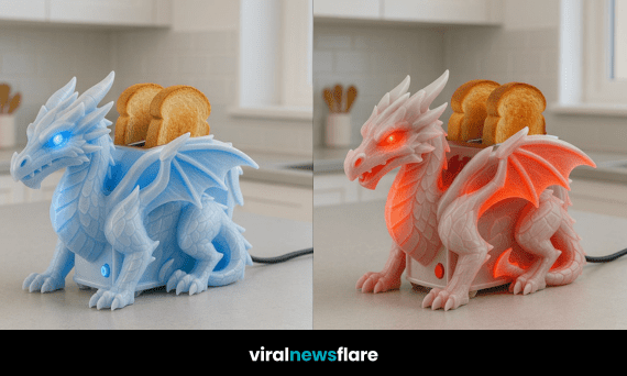 A set of fantasy-inspired dragon-shaped toasters in various LED colours lined up on a kitchen counter.