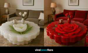 Collection of flower-inspired luxury coffee tables featuring rose, tulip, lily, and sunflower designs in stylish interiors.