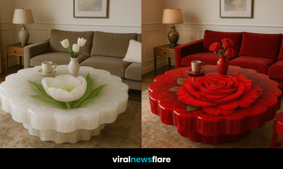 Collection of flower-inspired luxury coffee tables featuring rose, tulip, lily, and sunflower designs in stylish interiors.