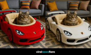 A majestic long-haired cat lounging in a black Porsche-style luxury cat bed in a stylish living room.