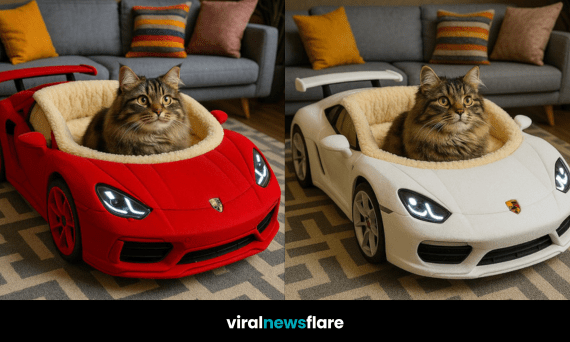 A majestic long-haired cat lounging in a black Porsche-style luxury cat bed in a stylish living room.