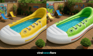 Yellow inflatable trainer-shaped swimming pool on a deck with colourful chairs and painted fence art.