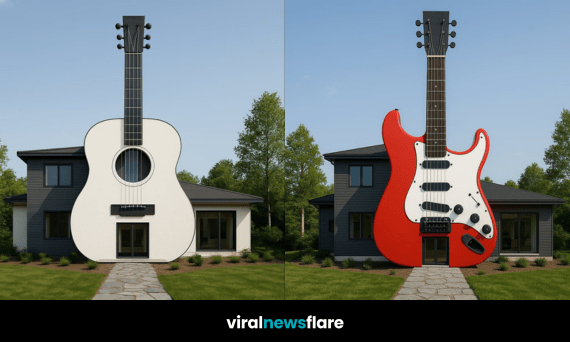 Exterior of a unique guitar-shaped house with contemporary design set against a scenic green backdrop