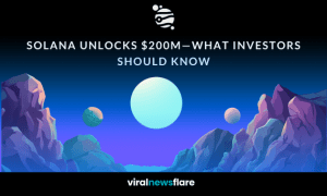 Digital illustration featuring floating planets and mountains with the text "Solana Unlocks $200M—What Investors Should Know" from Viral News Flare
