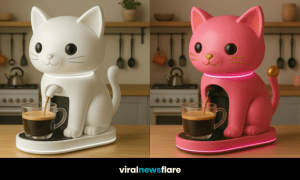 Adorable cat-shaped coffee machines in vibrant colours on a kitchen countertop