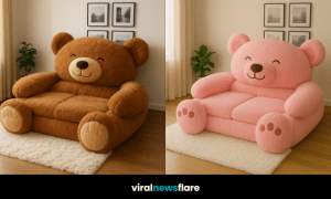 A collection of colourful teddy bear-shaped sofas including teal, pink, brown and cream styles in warm, inviting interiors.