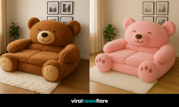 A collection of colourful teddy bear-shaped sofas including teal, pink, brown and cream styles in warm, inviting interiors.