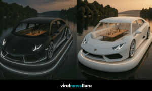 Luxury Lamborghini-shaped floating boat lounge with glowing LED lights on a calm lake at sunset