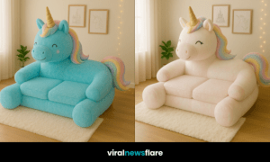 Aqua green unicorn-shaped children’s sofa with rainbow mane in a whimsical nursery setting
