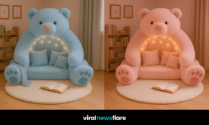 Cosy pink giant teddy bear chair with cushions and fairy lights in a reading nook