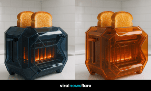 A collection of futuristic translucent toasters in vibrant colours including blue, orange, purple, and green.