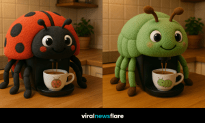 A group of whimsical insect-inspired coffee machines, including ladybird, spider, caterpillar, and butterfly designs on a wooden counter.