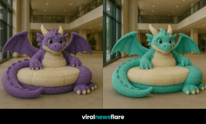 A group of vibrant dragon-shaped bean bag chairs in green, aqua, purple, and orange displayed in a bright, modern setting.