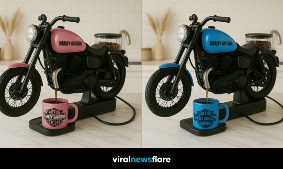 Four Harley-Davidson-themed motorbike coffee machines in red, blue, purple, and pink, each pouring coffee into matching mugs.