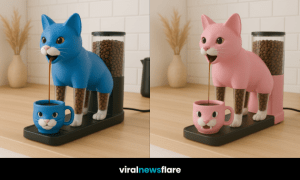 A collection of colourful cat-shaped coffee machines on a kitchen counter, dispensing coffee into matching feline-themed mugs.