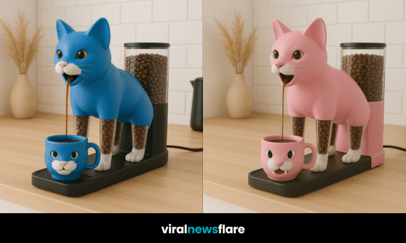 A collection of colourful cat-shaped coffee machines on a kitchen counter, dispensing coffee into matching feline-themed mugs.