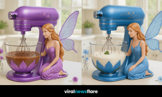 A collection of colourful fairy-themed stand mixers with whimsical winged fairy figures kneeling beside mixing bowls