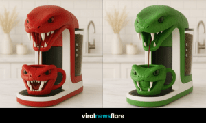 Four vibrant snake-themed coffee machines in red, blue, green, and purple on a modern kitchen counter