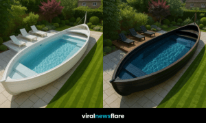Designer white boat-style pool in a sunny garden with elegant white sun loungers