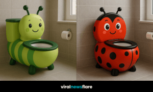 A group of colourful insect-themed toilets including a bumblebee, caterpillar, ladybird, and snail, all with smiling faces in a child-friendly bathroom setting.