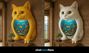Four whimsical cat-shaped wall sculptures with built-in aquariums in pink, white, black, and yellow