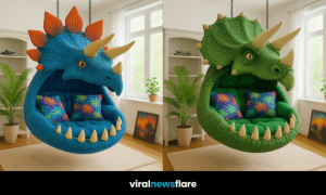 Colourful dinosaur-themed hanging chairs displayed in a bright, modern room with tropical cushions.