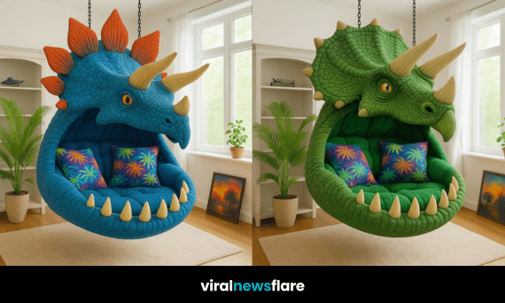 Colourful dinosaur-themed hanging chairs displayed in a bright, modern room with tropical cushions.