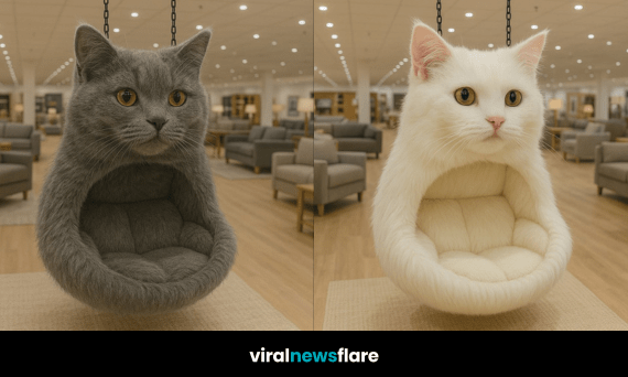 Collection of cat-shaped hanging pod chairs in various colours displayed in a luxury furniture showroom