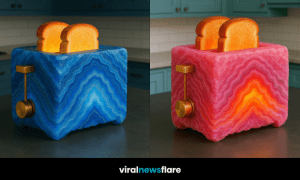 Four vividly coloured geode toasters—blue, green, yellow, and pink—each glowing and toasting bread on modern countertops.