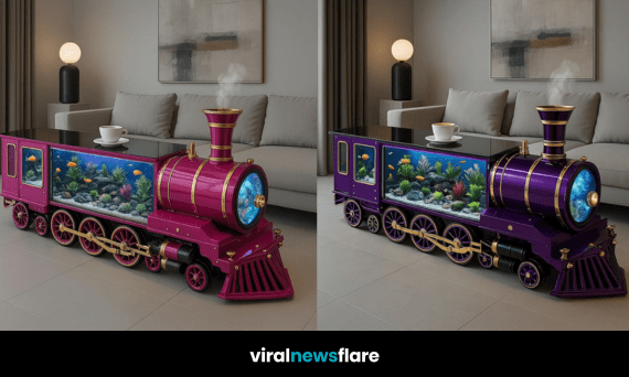 Three luxury train-shaped coffee tables with built-in aquariums, styled in a modern home interior.
