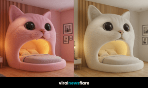A collection of colourful cat-shaped beds including white, yellow, black, and pink variants in modern bedrooms
