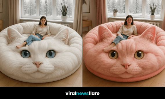 Woman relaxing on oversized white cat-shaped sofa with winter view through the window