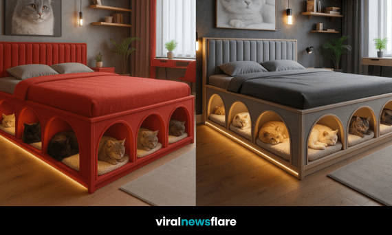 A modern bedroom featuring a bed with built-in cat beds underneath, designed for comfort and style.