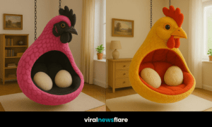 Black and magenta chicken-shaped hanging chair with plush egg cushions in a modern living room