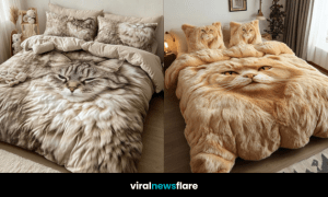 Minimalist bedroom featuring a fluffy faux fur duvet with a realistic giant cat design and cosy neutral tones.