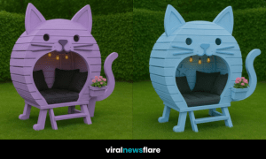 Lavender purple cat-shaped garden pod with cosy cushions and hanging lights on a grassy lawn.