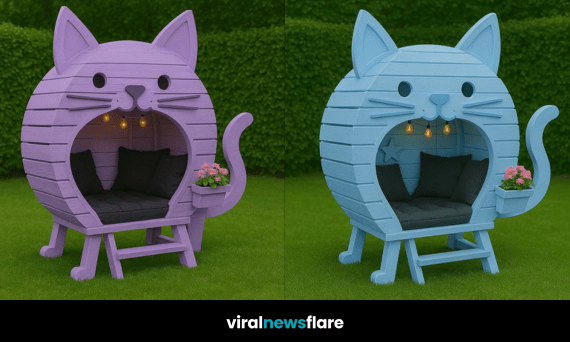 Lavender purple cat-shaped garden pod with cosy cushions and hanging lights on a grassy lawn.