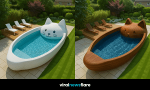 Three different luxury cat-shaped pools in black, white, and wood finish arranged in designer garden settings