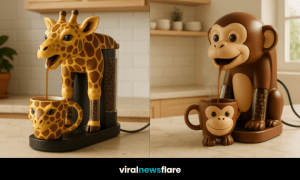 Jungle-themed coffee machines shaped like an elephant, lion, giraffe, and monkey with matching mugs in a cosy kitchen setting