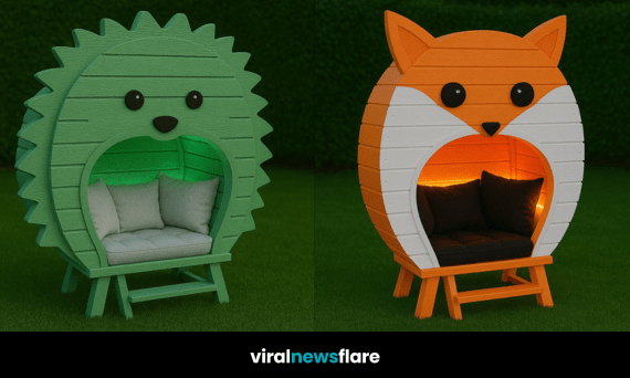 Collection of animal-shaped garden loungers including hedgehog, fox, cat, and owl with glowing lights on grass