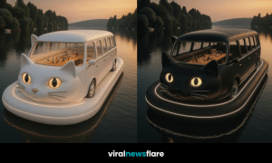 A luxurious white cat-shaped floating party boat on a calm lake at sunset with glowing ambient lights