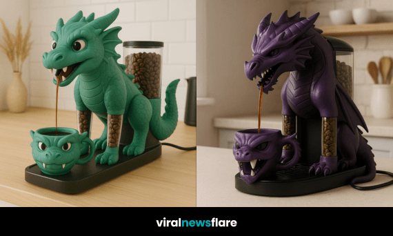 Dragon-shaped coffee machines in red, blue, and green, each pouring coffee into matching mugs on modern kitchen countertops.