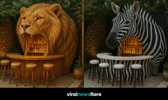 Animal inspired outdoor bar with wooden textures and stocked liquor shelves inside the lion’s open mouth.