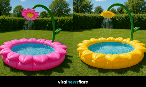 Variety of inflatable flower-themed paddling pools with built-in sprinklers in a green garden setting