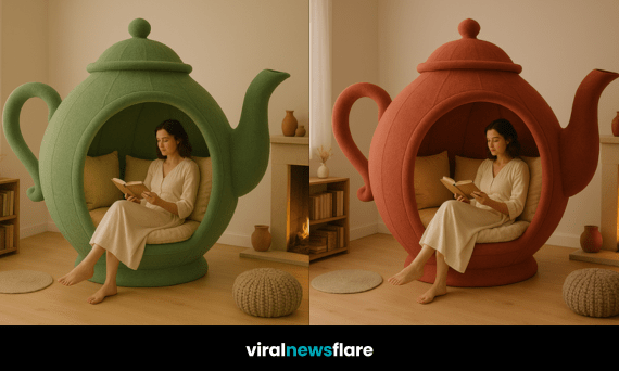 Elegant cream teapot-shaped chair with soft cushions, used as a reading nook in a neutral-toned living space.